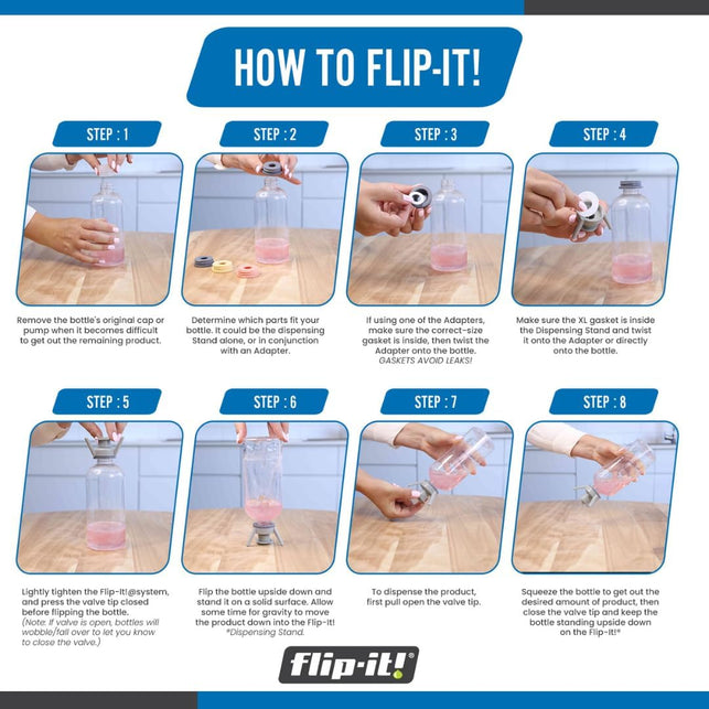 Flip-It! 2-Pack Premium Bottle Emptying Kit – No More Wasted Product - Fits Most Plastic Bottles – Get Out Every Drop of Shampoos, Lotions, & More – 2 Base Caps, 6 Adapters – Pastel Color Edition