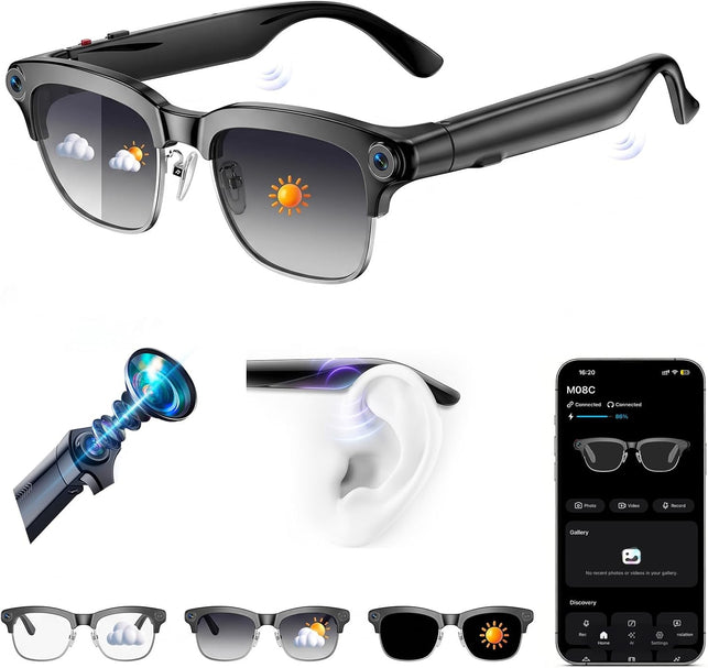 AI Smart Glasses with 4K Camera, Anti-Blocking Sensor & Dual-Mic ENC for HD1080P Videos,Ai Translation,Ai Voice Assistant,Bluetooth Audio,Sunglasses,Lightweight for Travel,Business