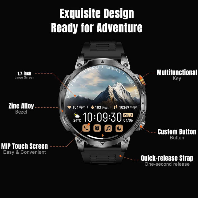 Bostbo Smart Watch, 1.7" IPS Screen, Battery 1400Mah,Answer/Make Calls 100+ Sport Modes,Military Smart Watches for Men,Ip68 Waterproof,Compass with Flashlight,Compatible with Ios & Android