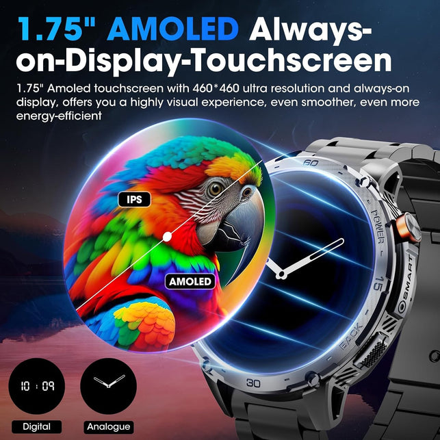 Military Smart Watch for Men 1.75" HD AMOLED Display 730Mah Battery Smart Watches with LED Flashlight for Android Ios（Bluetooth Call Answer/Dial Calls） Fitness Tracker Black Steel Strip