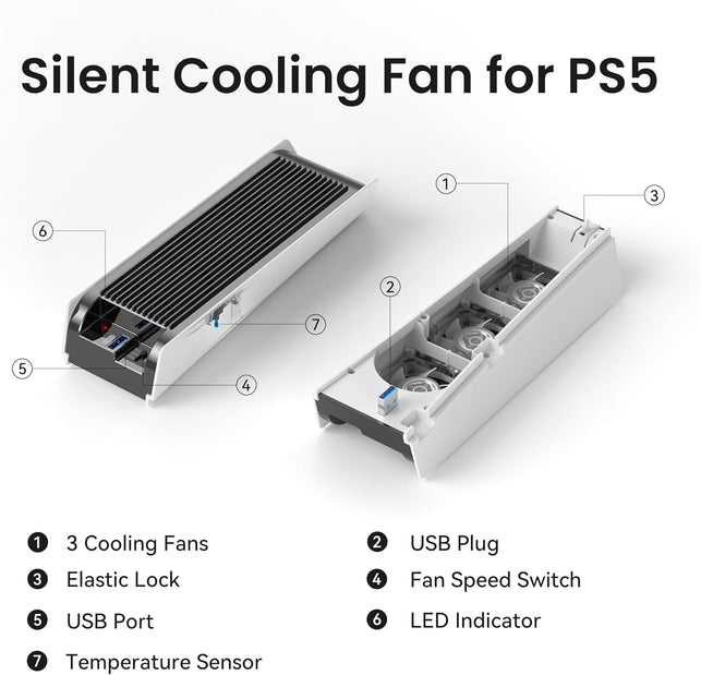 Cooling Fan for PS5 Accessories, KIWIHOME Upgraded Quiet Cooler Fan with Auto Speed, Controller USB3.0 Port & LED for PS5 2020 Only, Not for Playstation 5 Slim/Pro, White