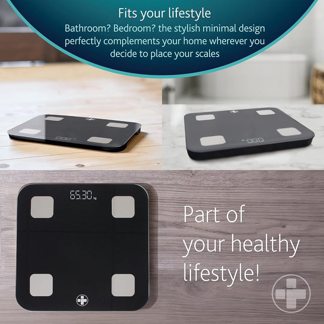 Reliance Medical Smart BMI Scale, Bluetooth Digital Body Fat Scale with LED Display, Accurate Weight Tracking, Ultra Slim, Bathroom Scale, Syncs with Fitness Apps, Size L 28Cm X W 28Cm X D 2.4Cm