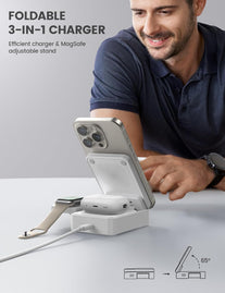 Lamicall 3 in 1 Charging Station for Apple - Foldable Wireless Charger Stand for Mag Safe Portable, Ravel Station for Multiple Devices for Iphone 17 Pro Max Air, 16, 15, 14, 13, Apple Watch, Airpods