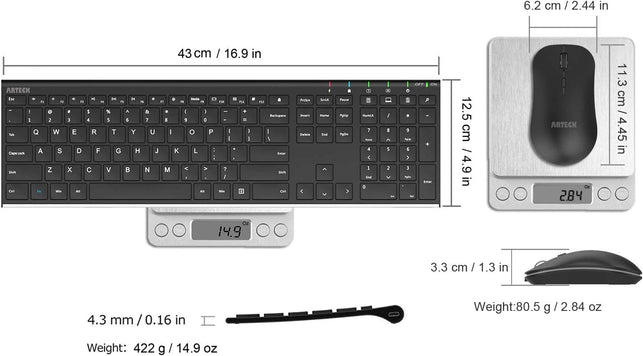 Arteck 2.4G Wireless Keyboard and Mouse Combo Stainless Steel Ultra Slim Full Size Keyboard and Ergonomic Mice for Computer Desktop PC Laptop and Windows 11/10/8 Build in Rechargeable Battery