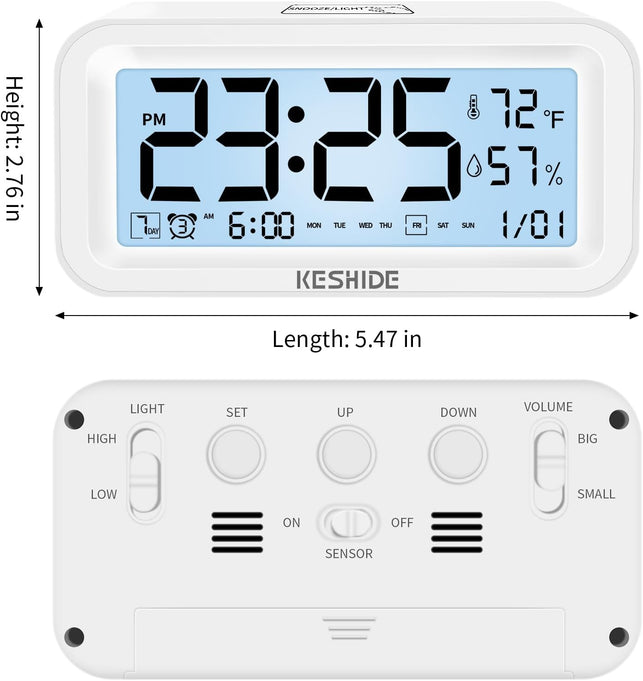 Night Light Digital Alarm Clock Battery Operated with Indoor Temperature Humidity, Desk Small Clock,Snooze Model,12/24H Display for Bedrooms Heavy Sleepers Kids Travel Bathroom (White)