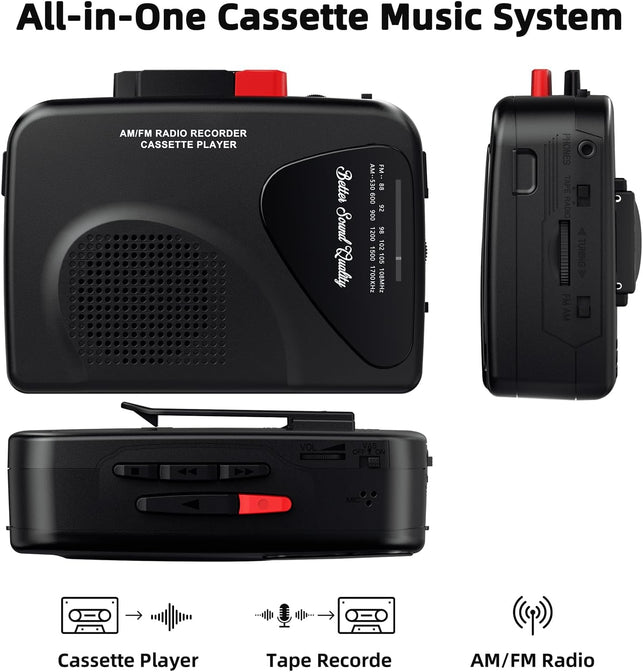 Cassette Player Tape Recorders AM/FM Radio, Portable Tape Player Records Built in Speakers Manual Record - 2AA Battery or DC 5V Supply with 3.5MM Earphone- Black