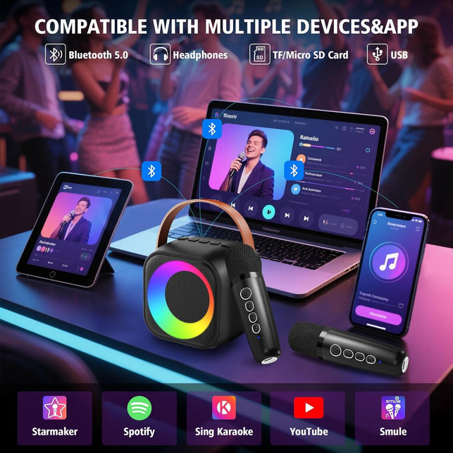Portable Karaoke Machine with 2 Wireless Microphones, Bluetooth Speaker, Colorful LED Lights, 5 Voice Effects, Black, Perfect for Kids & Adults, Home Party