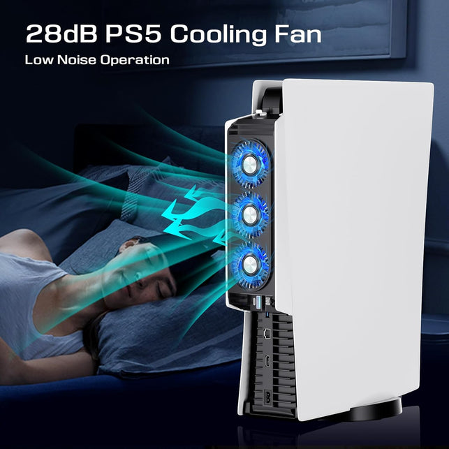 Honghao Cooling Fan for PS5 Accessories,With 3 Blue LED Light/ 2 USB 3.0 Ports / 2 Fan Speed,Compatible with Playstation 5 Console Digital/Cd Version, High Efficiency PS5 Cooler Station(Black)