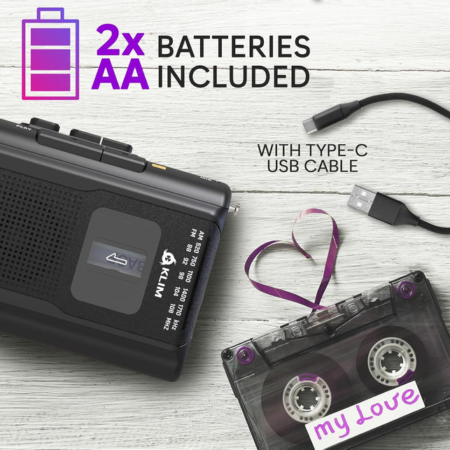 KLIM K8 Cassette Tape Player Portable with F1 Headphones - Cassette Recorder - NEW Version - AM/FM - Built-In Microphone & Speaker - Headphone Jack & Earphones - Black