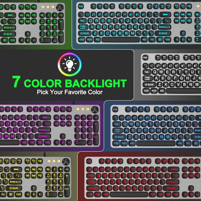 QUASIO Large Print Backlit Keyboard with 7-Color Backlit, Wired USB Lighted Computer Keyboards Oversize Letters Keys Easy to See, Illuminated Keyboard for PC, Laptop,Windows Desktop