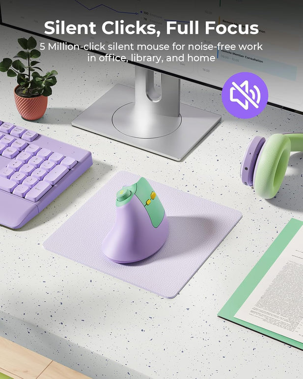 Seenda Ergonomic Mouse Rechargeable, Vertical Wireless Mouse with Volume Knob, Quiet Clicks, 3 Device Connection (Bluetooth or USB), Optical Mice for Windows, Pc/Mac- Purple