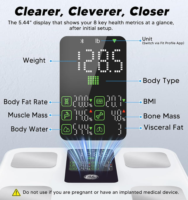 GE Smart Body Weight Scale, with 8-In-1 Display for BMI Body Fat Muscle Mass, Digital Bathroom Bluetooth Scale, 14 Composition Analyzer for Health Monitoring, 11.8", Accurate 400Lb Weighing, White