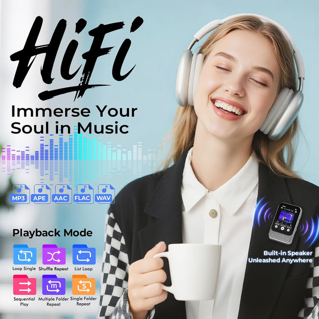 32GB Clip MP3 Player with Bluetooth 5.3, Speaker & 2″ HD Touchscreen