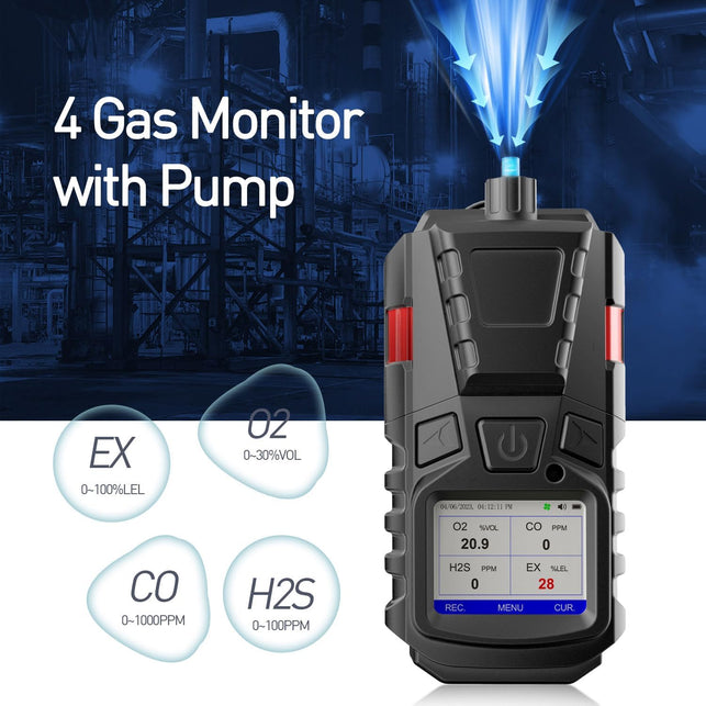 Gas Detector with Pump, 4 Gas Monitor Multi Gas Detector CO EX O2 H2S Monitor, 3000Mah Rechargeable 4 Gas Monitor with Calibration Kit, Portable LCD Display with Clip Sewer Gas Detector 4 Gas Meter
