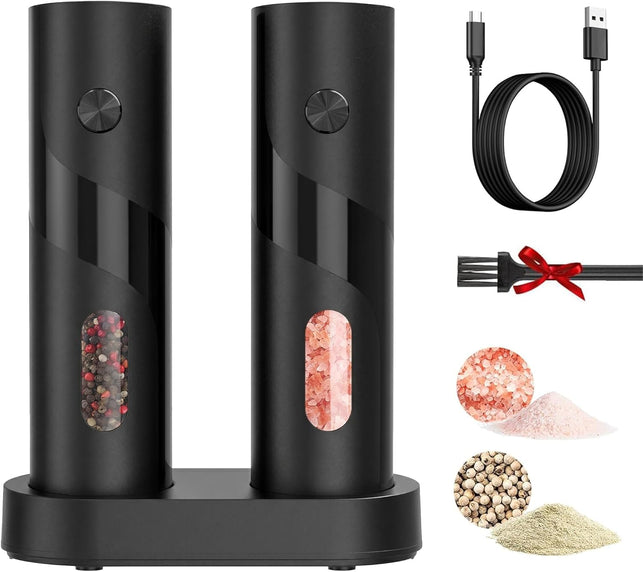 HBN Electric Pepper Grinder, Rechargeable Salt and Pepper Mill Set with Charging Base, One-Handed Automatic Operation, Adjustable Coarseness, LED Light, Stainless Steel Body for Kitchen Cooking Dining