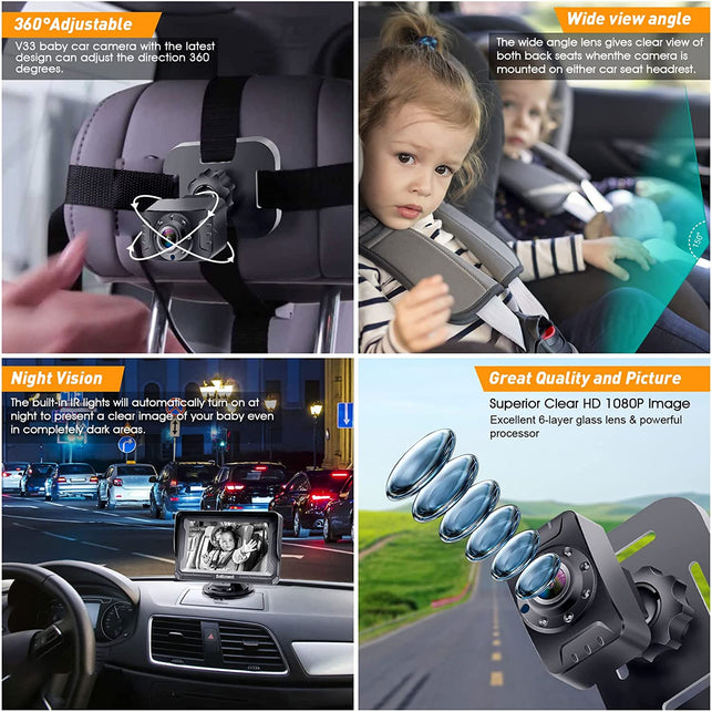 Dohonest Baby Car Camera HD 1080P: 360° Rotating Plug and Play Easy Install 3 Mins Rear Facing Car Baby Monitor with Camera Crystal Night Vision Backseat Camera Two Kids -V33