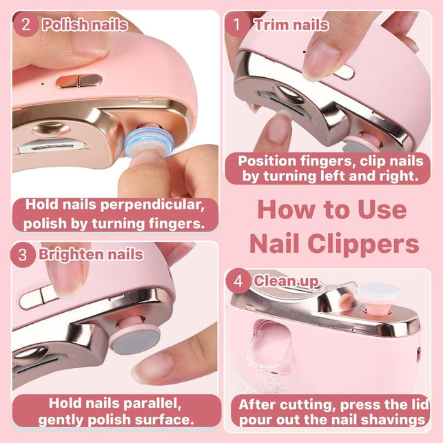 Electric Nail Clipper with LED Light, 2-Speed Automatic Nail Trimmer and Polisher, USB-C Charging, Child Safety Lock for Babies, Adults, Seniors, Pink