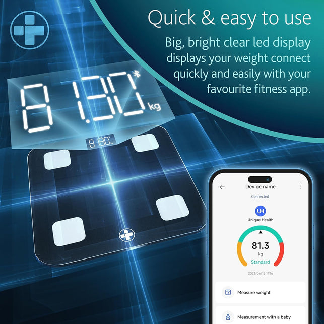 Reliance Medical Smart BMI Scale, Bluetooth Digital Body Fat Scale with LED Display, Accurate Weight Tracking, Ultra Slim, Bathroom Scale, Syncs with Fitness Apps, Size L 28Cm X W 28Cm X D 2.4Cm