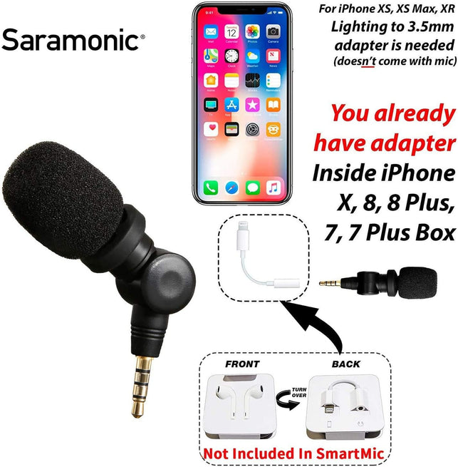 Saramonic Smartmic Mini Condenser Flexible Microphone for Smartphones,Vlogging Microphone for Iphone and Youtube Video, Mic for Ios Apple Iphone Ipad and Android Phone