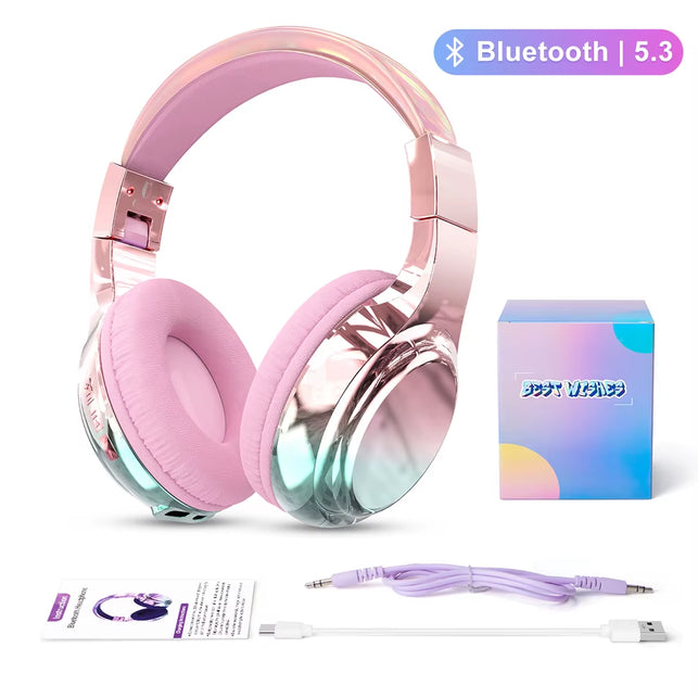 QearFun Glossy Gradient Pink Bluetooth5.3 Headphone for Girl Wireless Headphone with Mic over Ear Headset for Girlfriend Christmas Gift