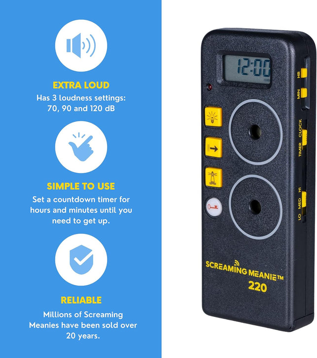Screaming Meanie 220 Alarm Clock and Timer, Extremely Loud for Deep Sleepers, Multi-Purpose Clock, 3 Sound Levels (With 9V Battery Included) - Black