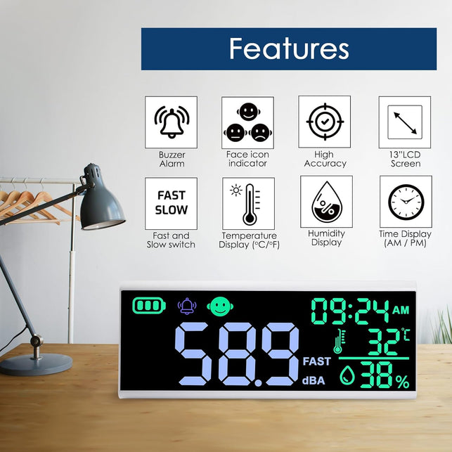 13 Inch Decibel Meter - Wall Hanging Sound Level Meter with Large LED Display, Noise, Temperature, Humidity, Time Monitor for Classroom
