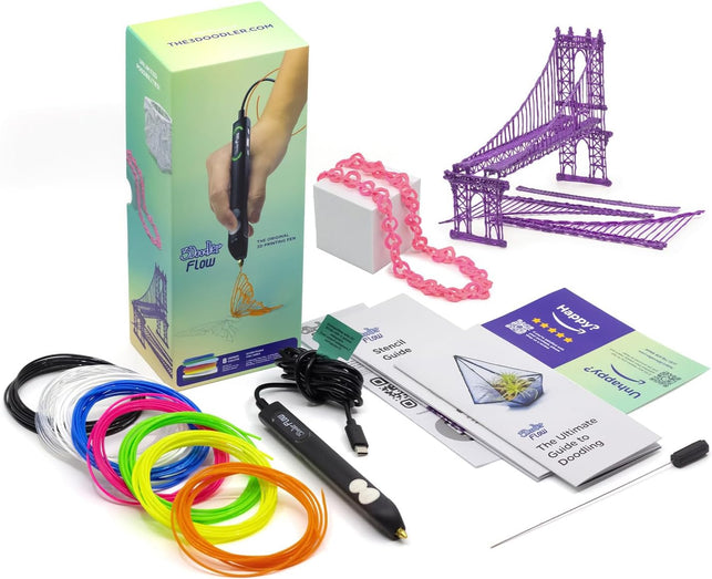 3Doodler Flow 3D Printing Pen for Teens, Adults & Creators – Black, with Free Refill Filaments, Stencil Book & Guide, 3.1 X 10.74 X 4.44 Inches