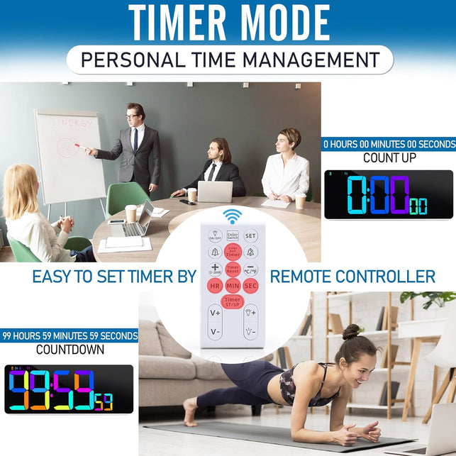13.7" RGB LED Digital Wall Clock with Remote, Powered by AAA LR03 Batteries, Adjustable Brightness Timer for Home Office