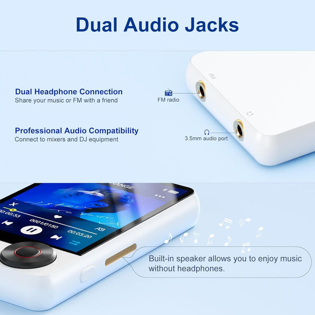 Joliker 128GB MP3 Player with Upgrade Bluetooth 5.3, Portable High Fidelity Lossless Music Player, 2.4IN Full Touchscreen MP3 Player with Built-In HD Speaker, Dual Headphone Ports, FM Radio, Recording, E-Book