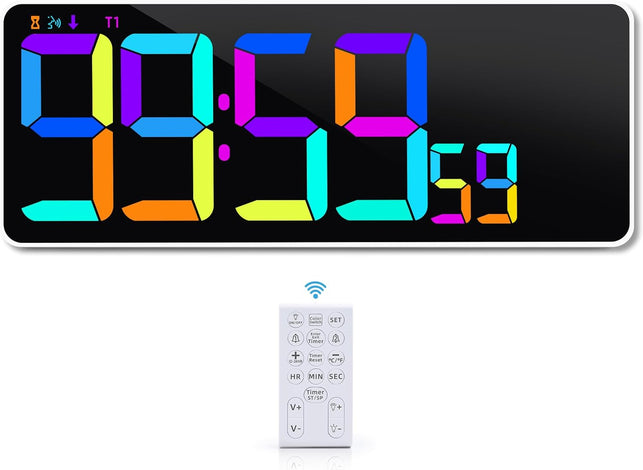 13.7" RGB LED Digital Wall Clock with Remote, Powered by AAA LR03 Batteries, Adjustable Brightness Timer for Home Office