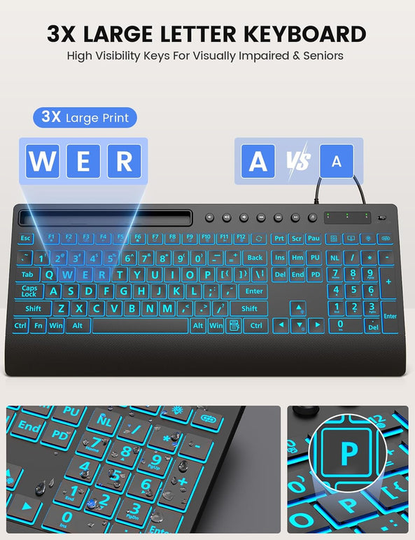 SABLUTE Large Print Backlit Keyboard, USB Wired Computer Keyboard with Backlight Memory Function, Wrist Palm, 7-Color Lighted Office Home Keyboards,Light up Keyboard for Windows Desktop, Laptop, PC
