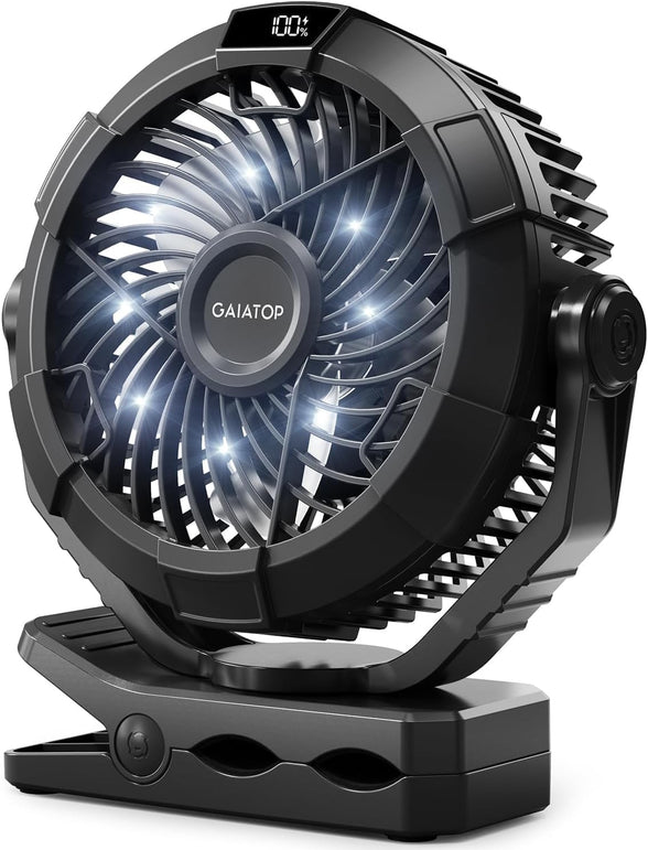 Gaiatop Portable Camping Fan with LED Lantern, 360°Rotation and Clip on for Desk, 4000Mah USB Rechargeable Battery Powered, Digital Display and Hanging Hook for Tent Outdoor Travel Black
