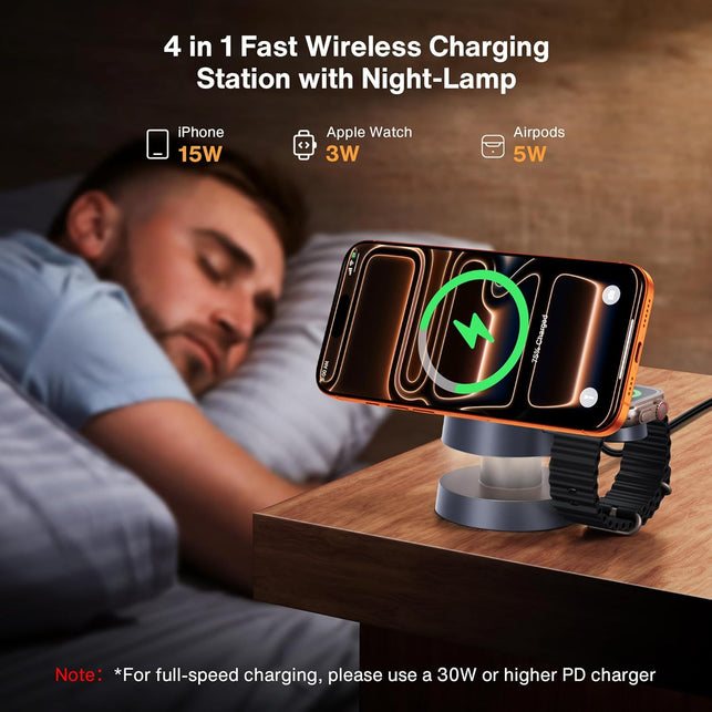 Ivanky 4 in 1 Qi2 Certified Wireless Charger for Iphone 17 Charging Station with Night Light, 15W 3 in 1 Travel Stand for Magsafe Charger for Iphone 17/16/15/14/13/12/11 Pro/Max Apple Iwatch Airpods