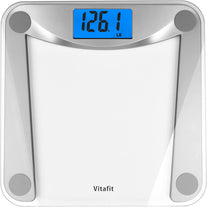 Vitafit Digital Bathroom Scale for Body Weight,Weighing Professional since 2001,Extra Large Blue Backlit LCD and Step-On, Batteries Included, 400Lb/180Kg,Clear Glass,Silver