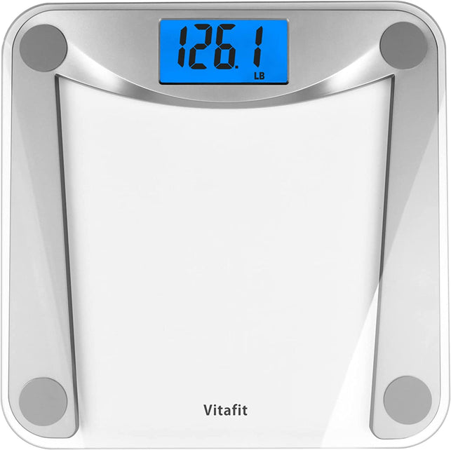 Vitafit Digital Bathroom Scale for Body Weight,Weighing Professional since 2001,Extra Large Blue Backlit LCD and Step-On, Batteries Included, 400Lb/180Kg,Clear Glass,Silver