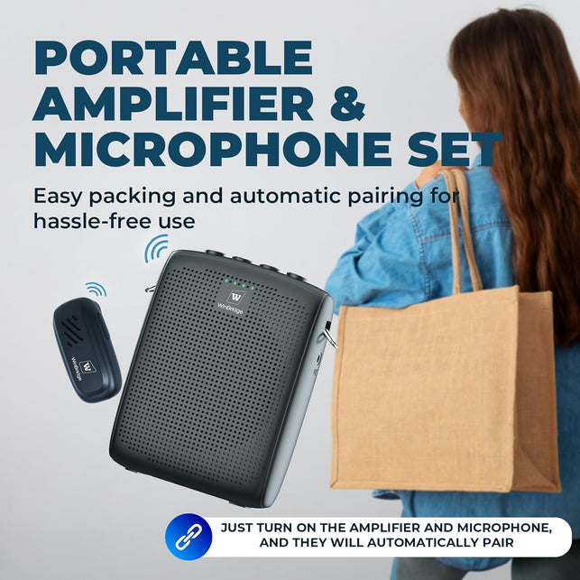 Winbridge Wireless Voice Amplifier with Bluetooth Lavalier Lapel Microphone for Teachers,Portable Speaker and Wireless Clip on Microphone System, Mini Megaphone Speaker Mic Set 15W 2600Mah WB005