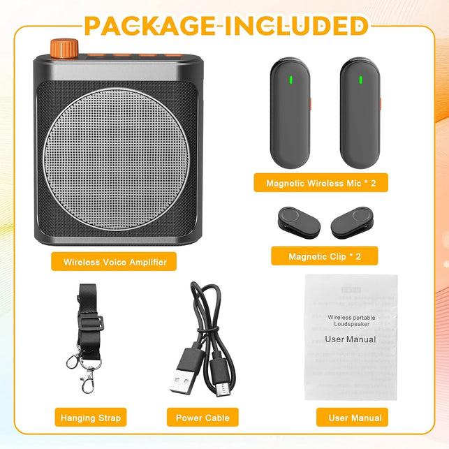 Voice Amplifier Wireless Microphone for Teachers/Classroom/Yoga/Meeting,Portable Bluetooth Speaker with 2Pcs Clip-On Magnetic Wireless Lavalier Lapel Microphones Mini Megaphone Speaker PA System Black