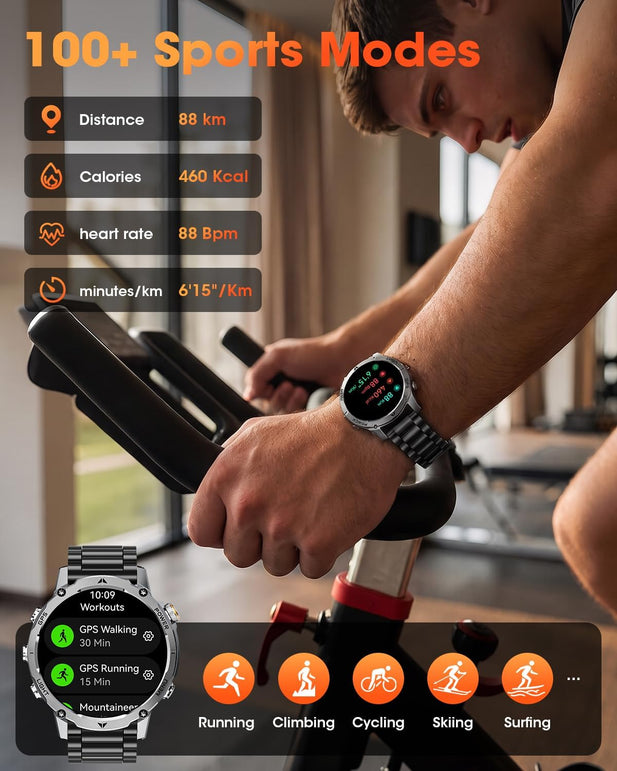 GPS Smart Watch for Men, 100-Day Battery, Bluetooth Call with Flashlight