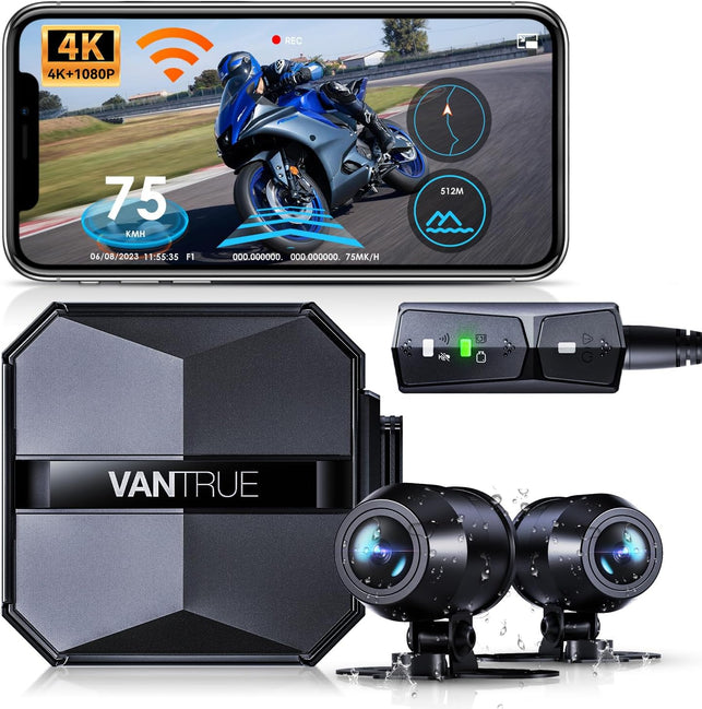 Vantrue F1 Motorcycle 4K Front and Rear Dash Cam, 4K + 1080P Motorcycle Camera, GPS, Full Body Waterproof, Wi-Fi, 160°Wide Angle, Starvis Night Vision, G-Sensor, Parking Mode, Support 512GB Max