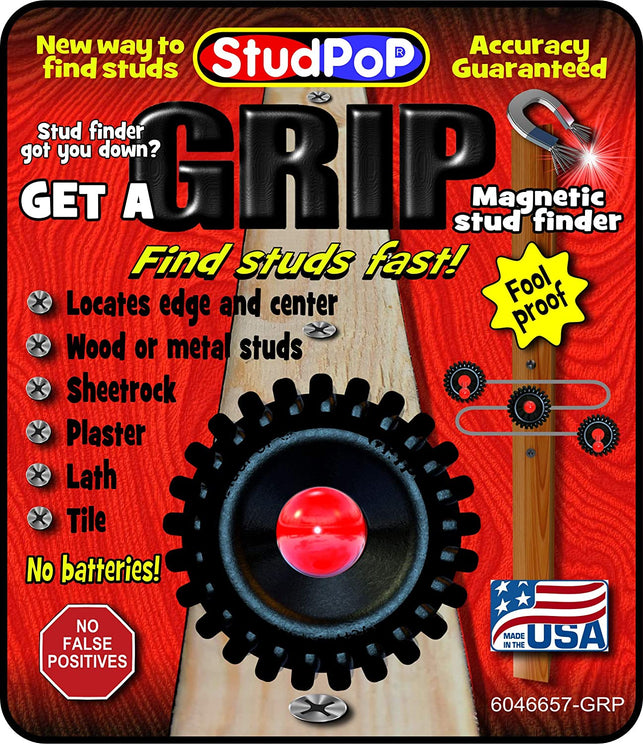 Studpop Grip Magnetic Stud Finder. Finds Metal Fasteners Holding the Wall Board to the Studs. 3/4" Diam Moving Magnet Gives an Audible Click and Visual Movement When Fastener Is Found.