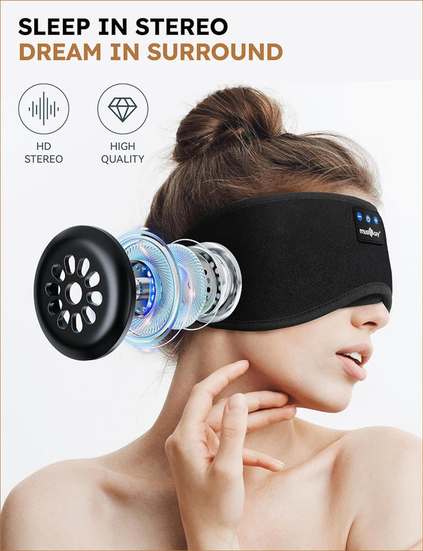 MUSICOZY Sleep Headphones Bluetooth 5.4 Headband Sleeping Headphones Eye Mask for Women Men Unisex, Wireless Music Mask Built-In Speakers Microphone Adjustable Strap for Side Sleepers Travel Office