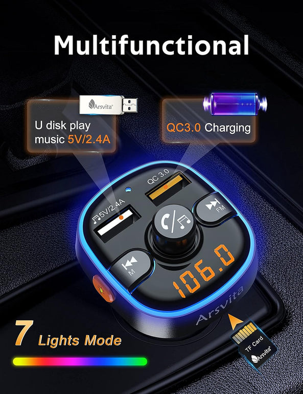 Arsvita Bluetooth FM Transmitter for Car, Radio Receiver/Audio Adapter with Dual Car Charger, Support QC3.0 Quick Charging, Hands-Free Calling and Hi-Fi Sound Playback, Black