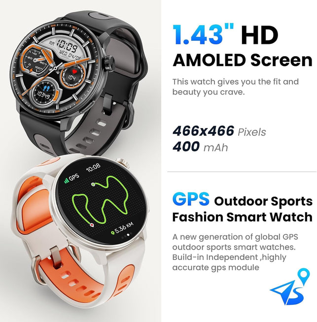 GPS Smart Watch for Men Women, 1.43'' AMOLED Smartwatch with Compass/Barometer/Altimeter