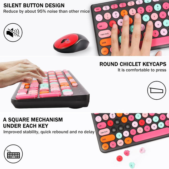 Wireless Keyboard and Mouse Combo, Retro Typewriter Wireless Keyboard with round Keycaps, 2.4Ghz Full-Size USB Cute Mouse for Desktop, Laptop and Computer (Black-Colorful)