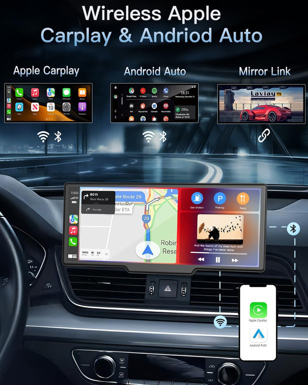 Portable Wireless Carplay Touchscreen for Car: 4K Apple Carplay & Android Auto Car Play Screen with 4K Dash Cam/1080P Rear Camera/Gps Navigation/Bluetooth/Mirror Link/Airplay - 10.26 Inches