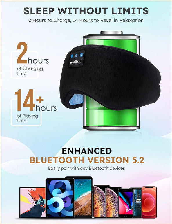 MUSICOZY Sleep Headphones Bluetooth 5.4 Headband Sleeping Headphones Eye Mask for Women Men Unisex, Wireless Music Mask Built-In Speakers Microphone Adjustable Strap for Side Sleepers Travel Office