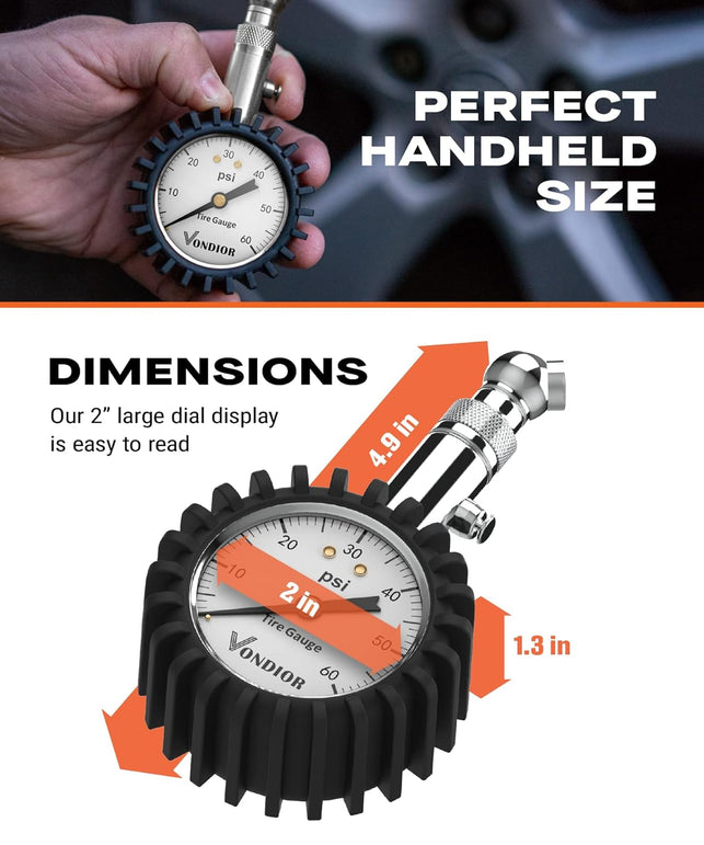 Tire Pressure Gauge - (0-60 PSI) Heavy Duty, Certified ANSI Accurate with Large 2 Inch Easy to Read Glow Dial, Low - High Air Pressure Gauge. Tire Gauge for Car and Trucks Tires by Vondior (White)