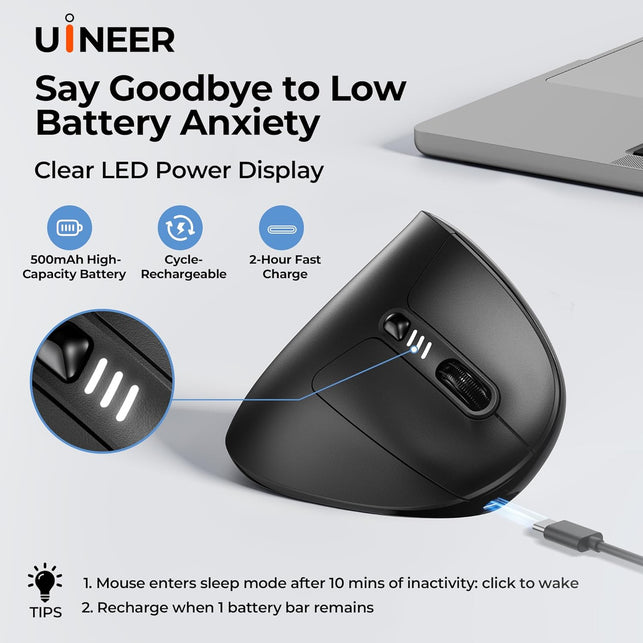 Uineer Ergonomic Wireless Vertical Mouse - Tri - Color Breathing Lights, BT5.0/4.0/2.4G Bluetooth, Rechargeable with Battery Indicator - Ideal for Home & Office (Black)
