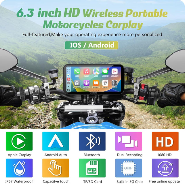Carpuride W603D Motorcycle GPS Carplay Screen, Wireless Carplay & Android Auto for Moto, with HD 1080P Dual Cameras, Remote Control，6.3" Waterproof Touchscreen, BT Trans, Loop Recording, Navigation