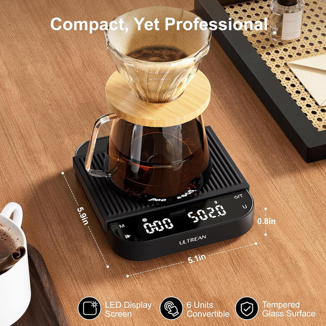 Ultrean Coffee Scale with Timer, 3Kg Capacity, 0.1G Precision, Black
